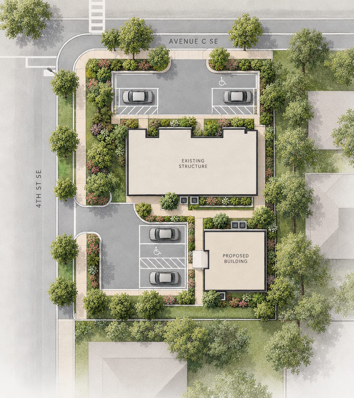 Site plan of the corner lot showing the existing structure, the new duplex, and parking