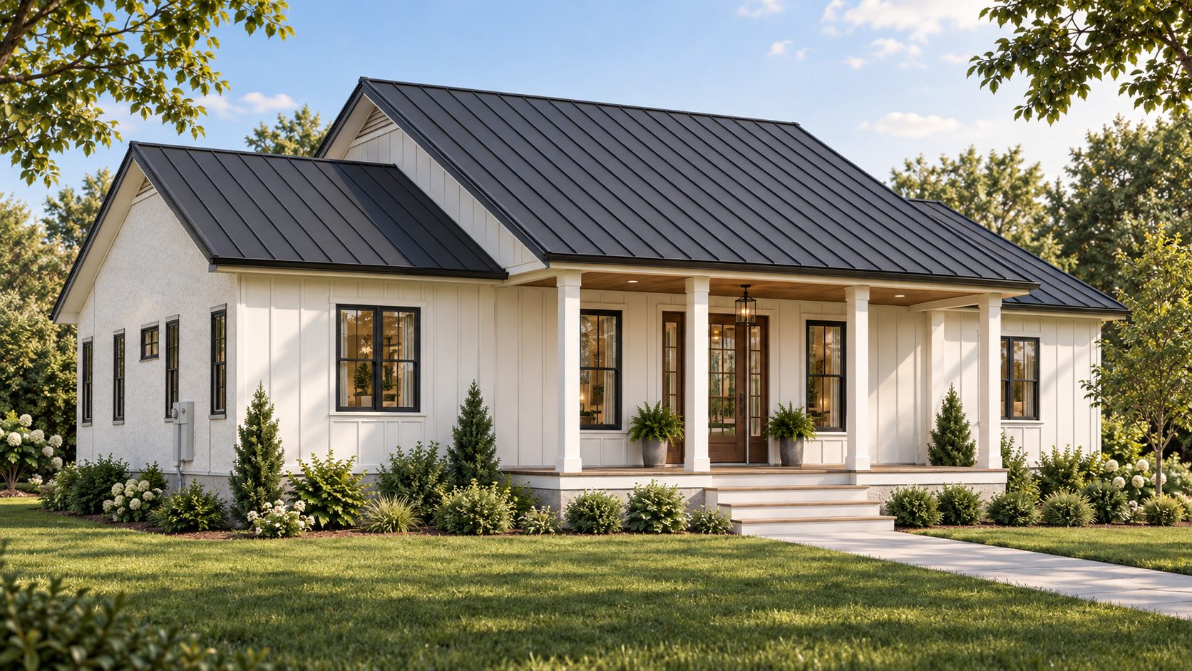 Byrd Residence: a white one-story home with a metal roof and a columned front porch