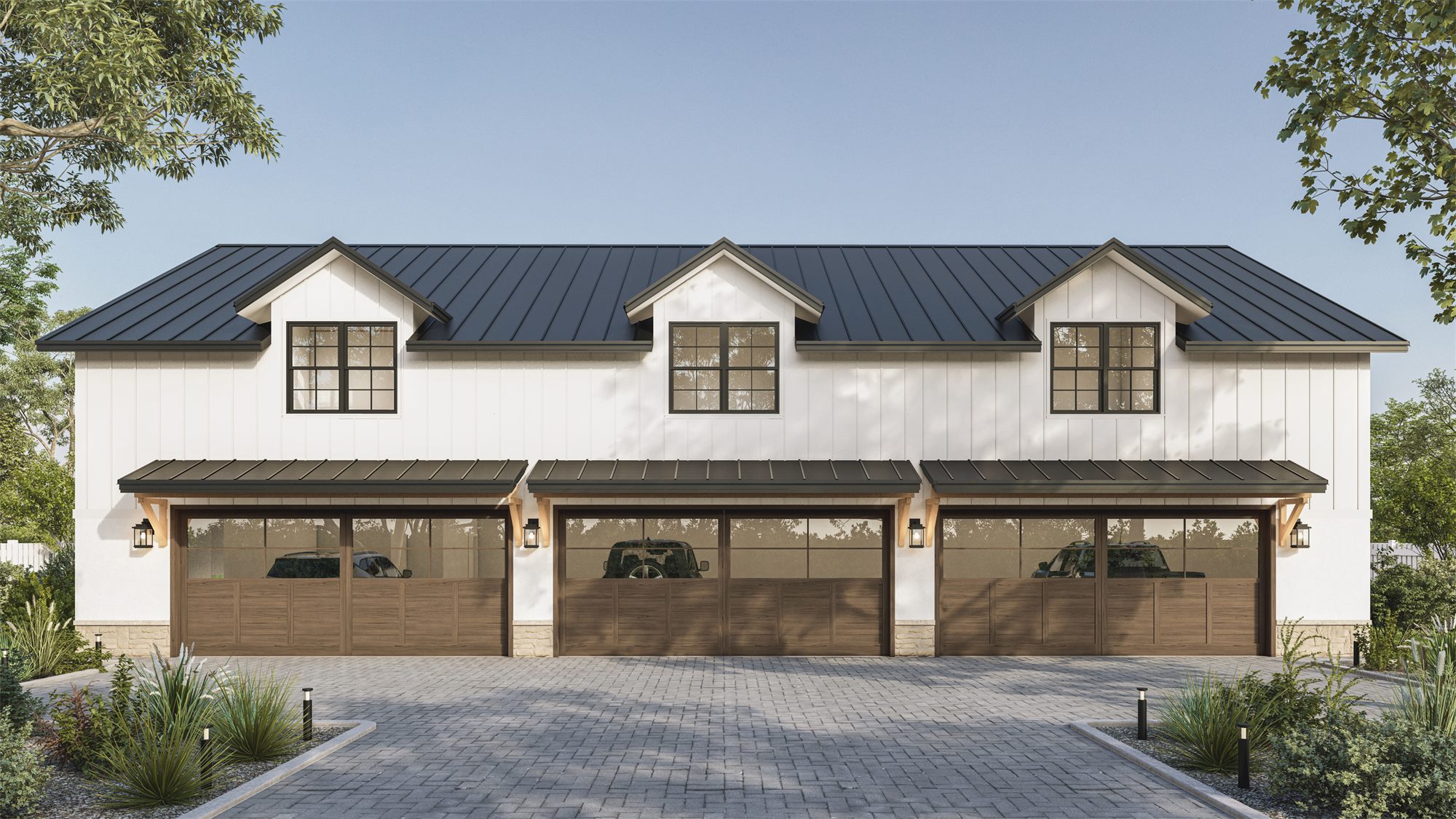Chiasson Detached Garage: a garage building with dormers and wood-look doors