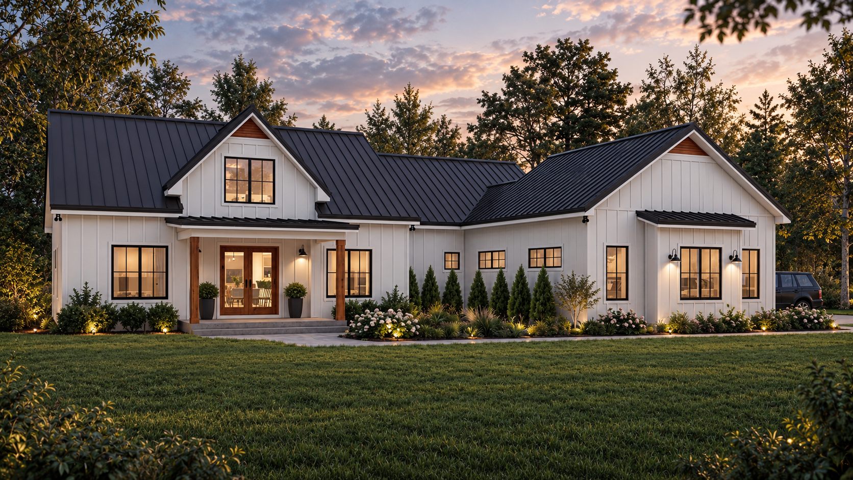 Delgado Residence: a white farmhouse with gables, a metal roof, and a timber entry