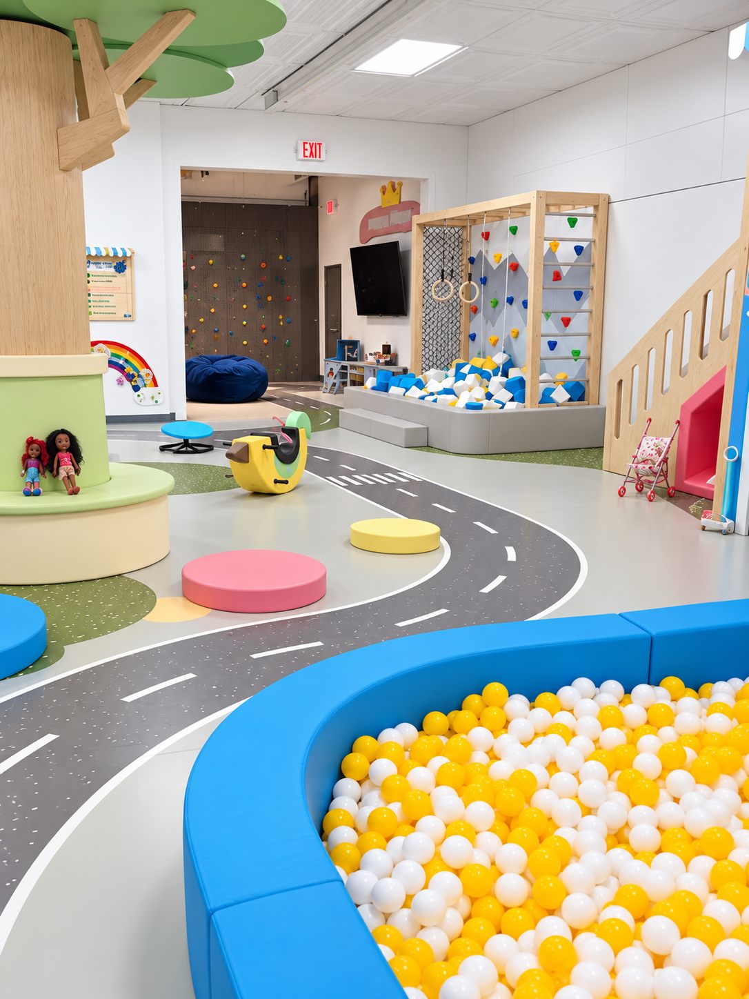 Ball pit and climbing structure beside a tree-shaped column