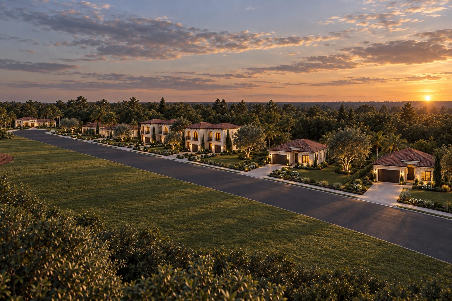 Street view at sunset with homes set back along the curving road