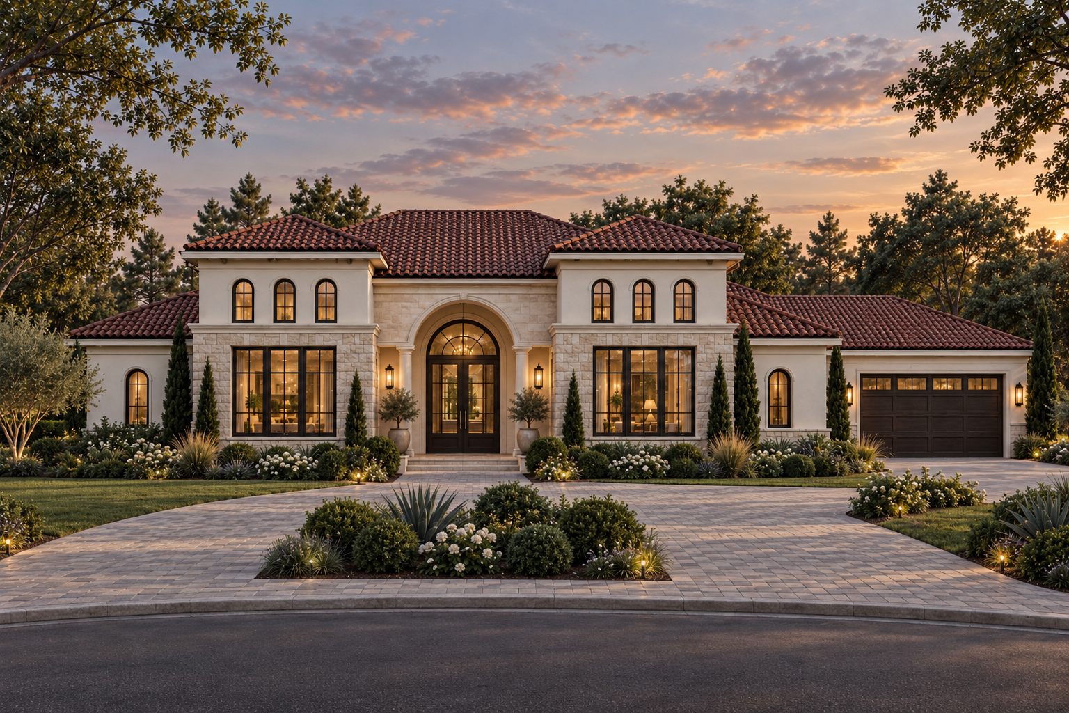 One-story home with a tile roof, stone facade, and arched entry