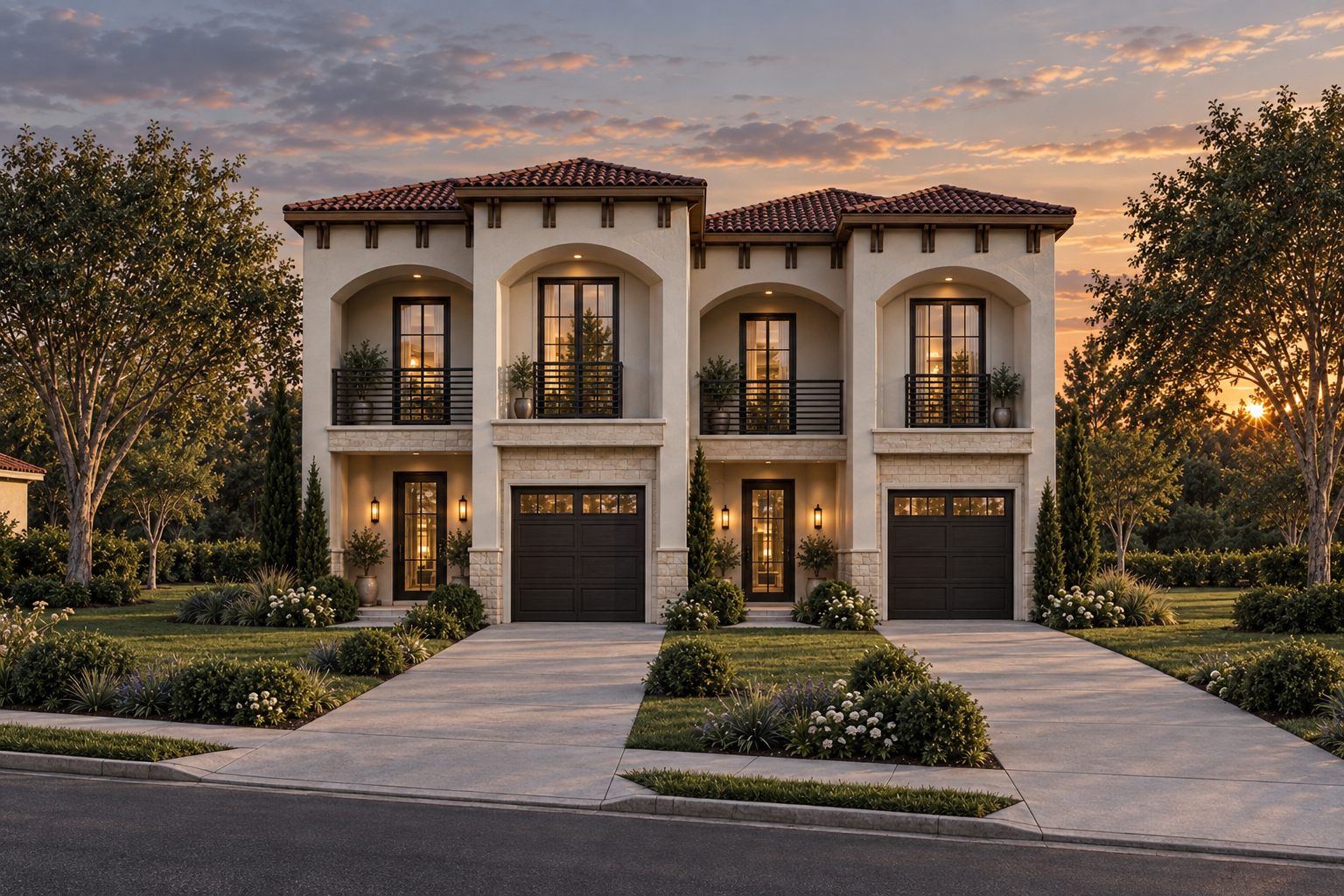 Two-story duplex with arched windows, balconies, and two garages