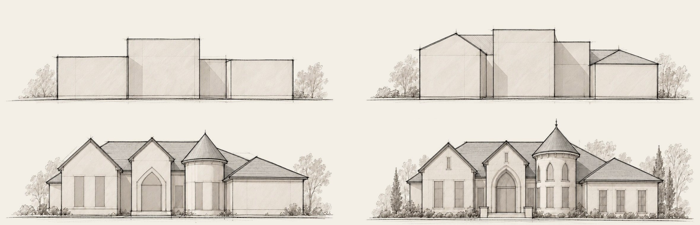 Four elevation studies of the Zaman Residence developing from simple massing to full detail