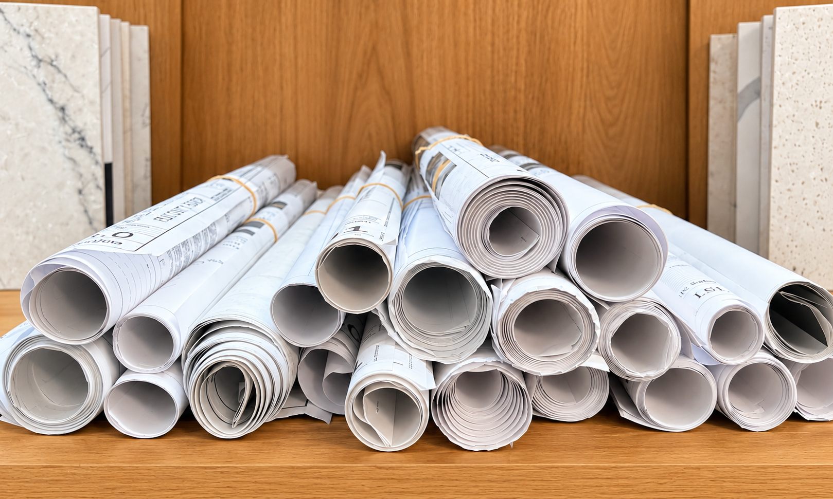 Rolled sets of drawings stacked on a studio shelf