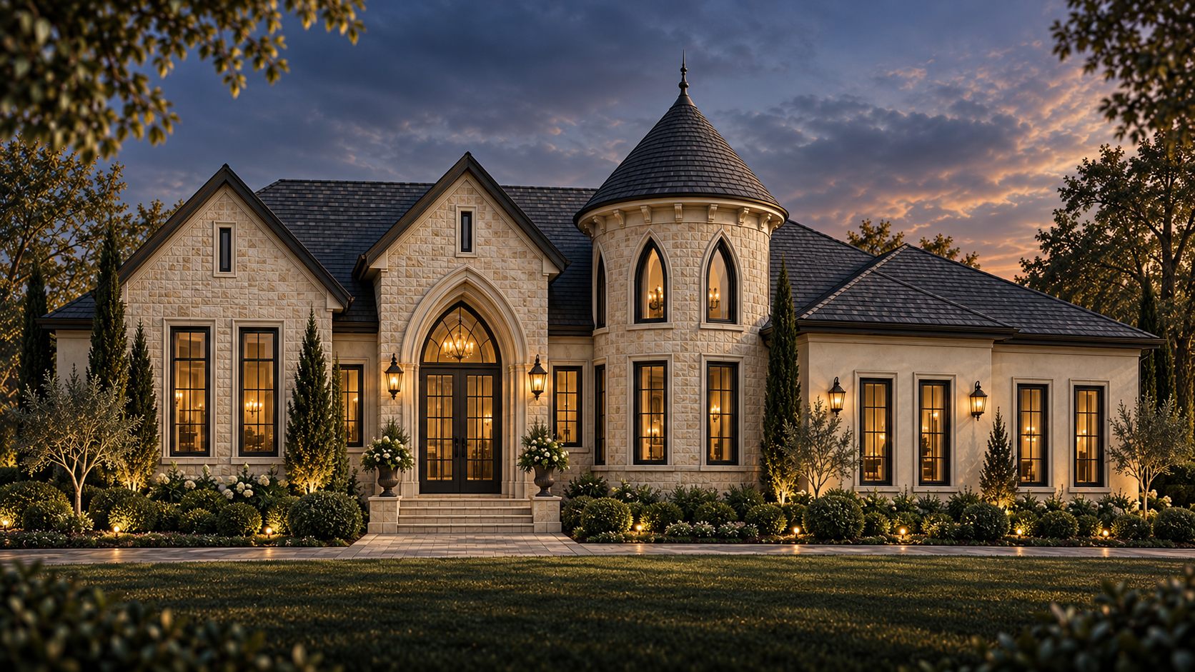 Front of the Zaman Residence, a Gothic- and Mediterranean-inspired custom home in Winter Haven, Florida, with a stone turret and arched entry